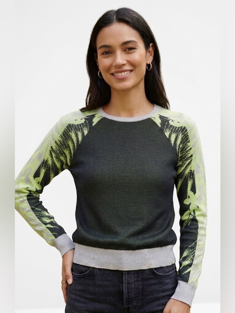 A.L.C. Lime Green & Grey Abstract Palm Print Cotton Knit Sweater Size. Medium